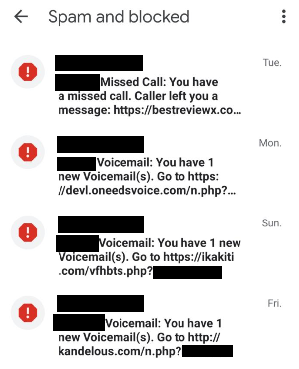 Several Flubot scam messages, all listed in the spam and blocked folder in an Android phone's messages app
