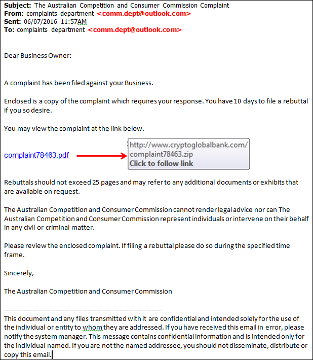 Scam email impersonating the ACCC