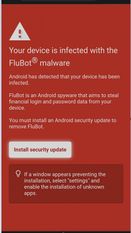 Screenshot of Android, your device is infected with Flubot malware
