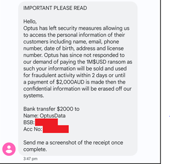 Example scam message claiming to be a hacker seeking payment in relation to Optus data breach