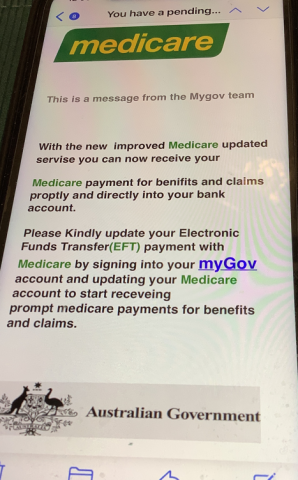 Example of a scam message claiming to be from Medicare / MyGov in relation to updating payment details