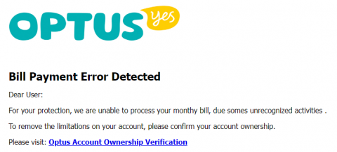 Example of a scam email claiming to be from Optus regarding a bill payment error