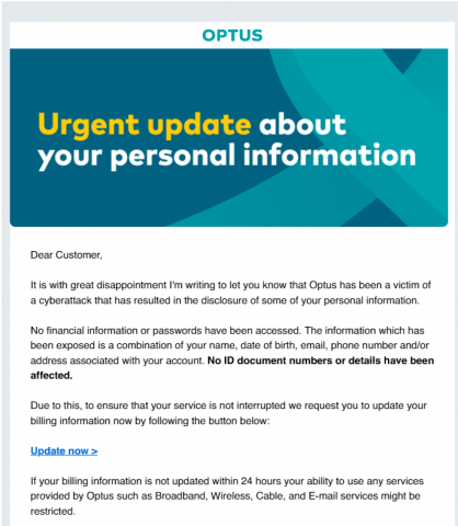 Example of a scam email claiming to be from Optus about updating account information